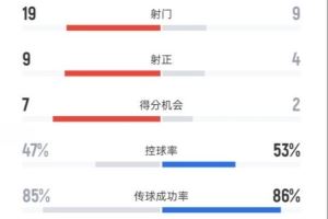 申花3-2河南数据:射门19-9,射正9-4,进球机会7-2,控球47%-53%